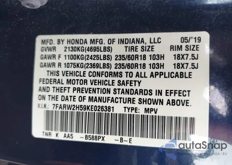 2019 Honda Cr-V Ex z USA, uszkodzony, nr VIN 7FARW2H59KE026381